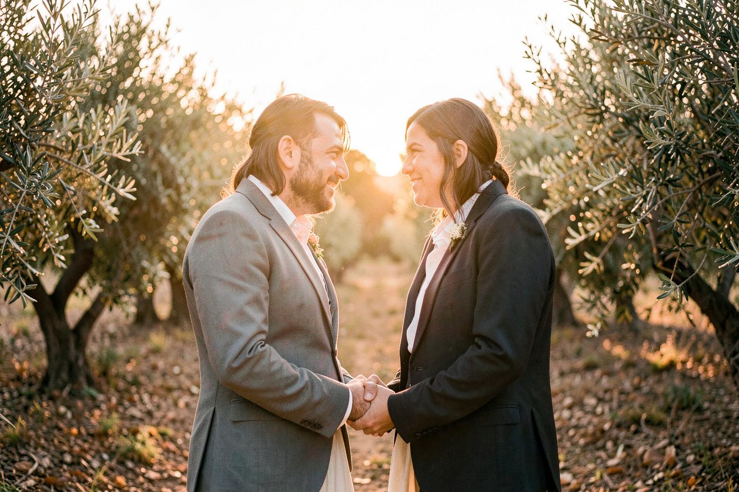 Couple holding hands at sunset among wildflowers